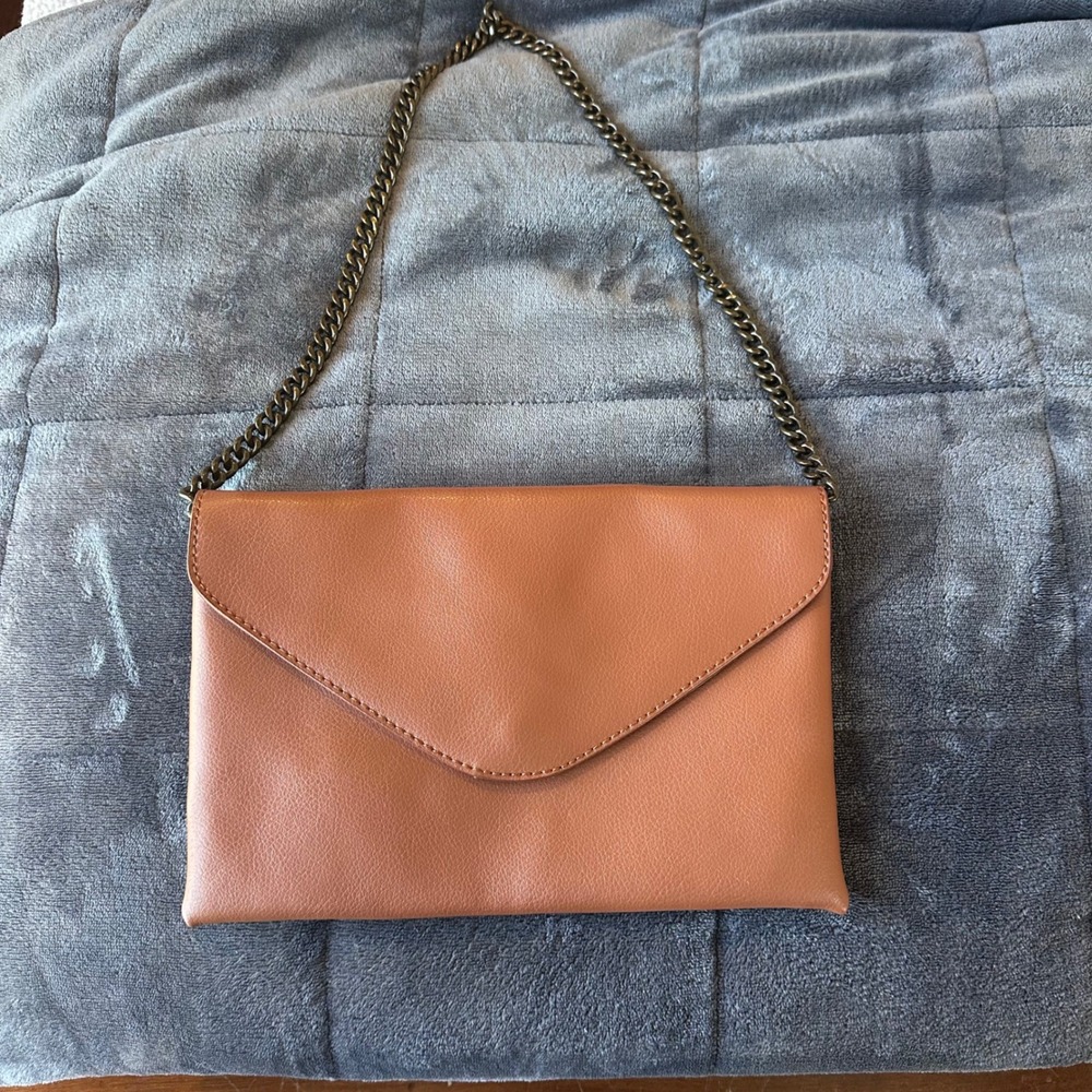 J.Crew Tan Leather Envelope Clutch Shoulder Bag Brass Chain E1835